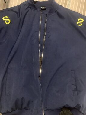 Men's Navy Lightweight Bomber Shirt Jacket with Yellow Shoulder Details